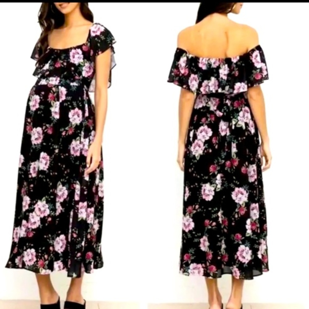 Anthropologie Yumi Kim Chantal Black & Pink Floral Maternity Midi Dress Sz XS